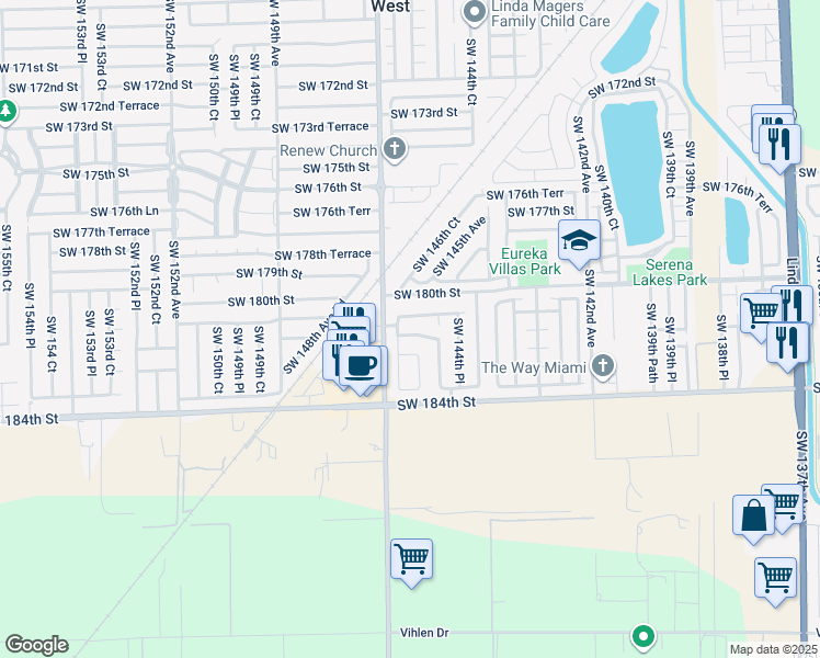map of restaurants, bars, coffee shops, grocery stores, and more near 14613 Southwest 181st Terrace in Miami
