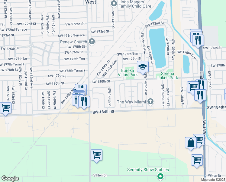 map of restaurants, bars, coffee shops, grocery stores, and more near 18034 Southwest 144th Place in Miami
