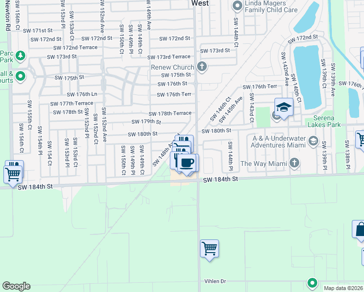 map of restaurants, bars, coffee shops, grocery stores, and more near 18041 Southwest 148th Avenue Road in Miami