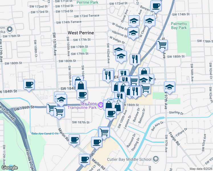 map of restaurants, bars, coffee shops, grocery stores, and more near 18302 Homestead Avenue in Miami