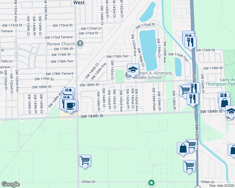 map of restaurants, bars, coffee shops, grocery stores, and more near 14302 Southwest 181st Street in Miami