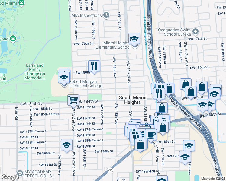 map of restaurants, bars, coffee shops, grocery stores, and more near 11820 Southwest 182nd Terrace in Miami