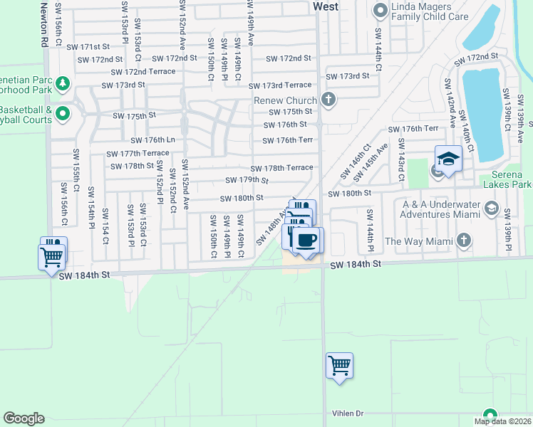 map of restaurants, bars, coffee shops, grocery stores, and more near 14842 Southwest 180th Terrace in Miami