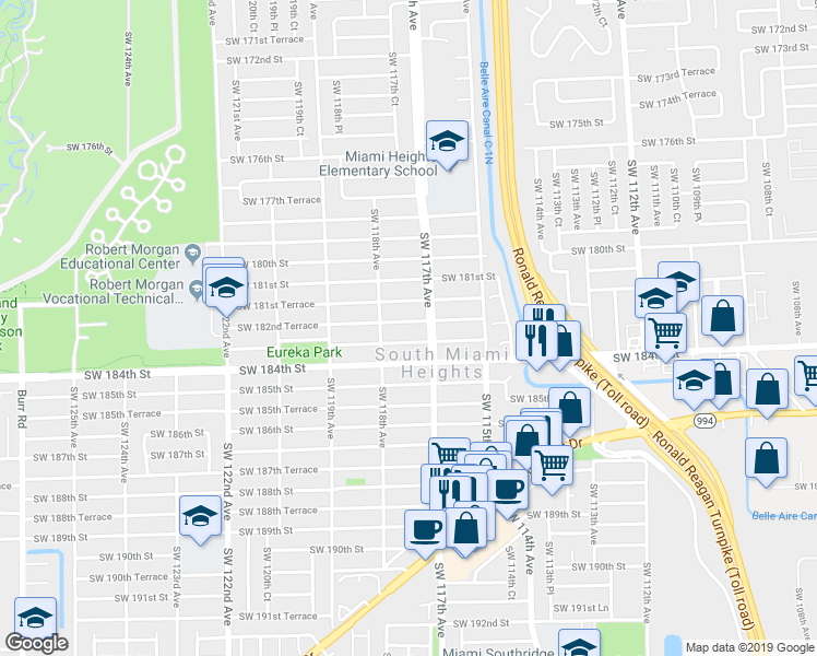 map of restaurants, bars, coffee shops, grocery stores, and more near 11740 SW 182nd Terrace in Miami