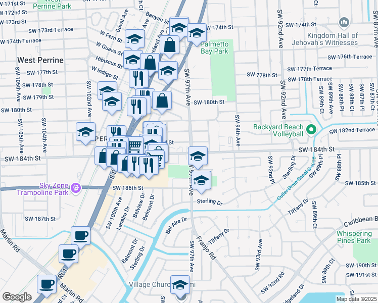 map of restaurants, bars, coffee shops, grocery stores, and more near 9745 Southwest 184th Street in Palmetto Bay