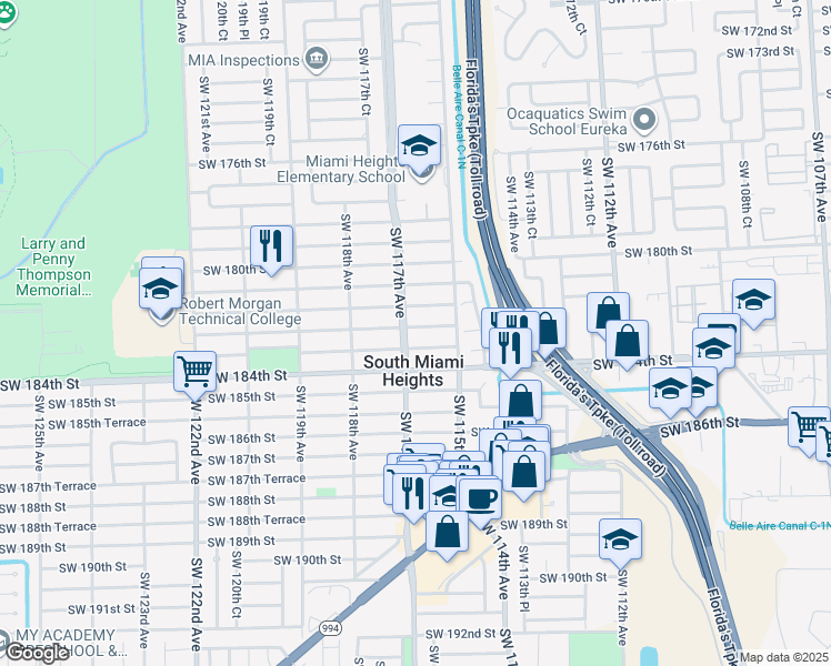 map of restaurants, bars, coffee shops, grocery stores, and more near 11620 Southwest 182nd Terrace in Miami