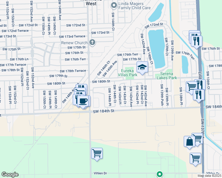 map of restaurants, bars, coffee shops, grocery stores, and more near 18034 Southwest 144th Place in Miami