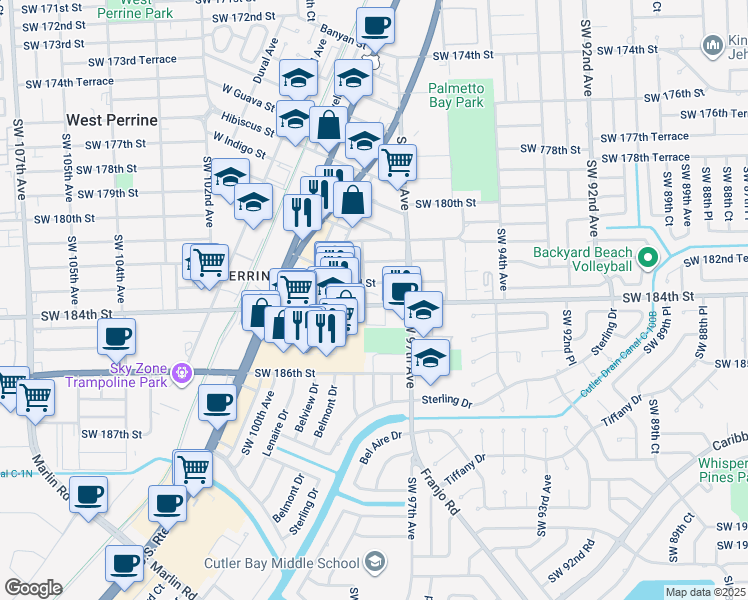 map of restaurants, bars, coffee shops, grocery stores, and more near 9745 Southwest 184th Street in Palmetto Bay