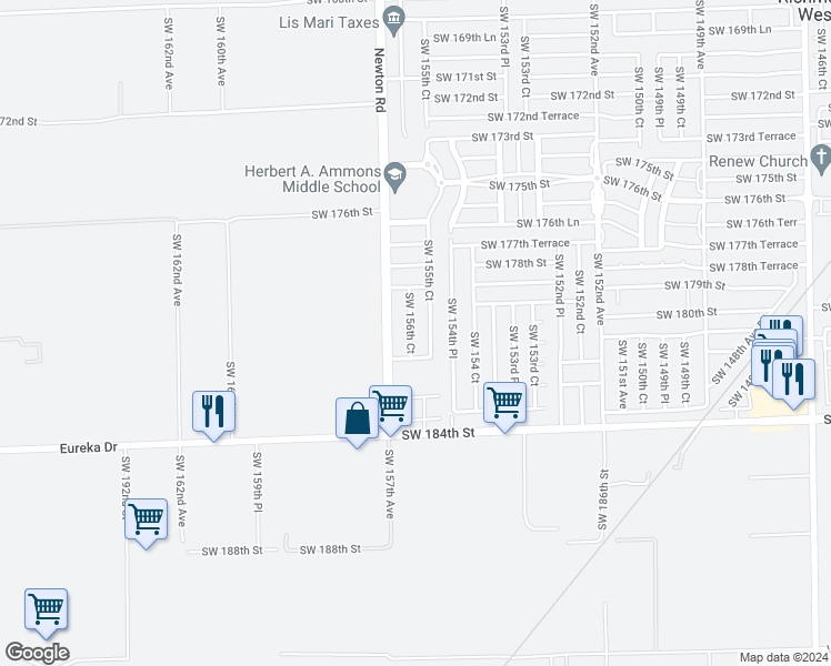map of restaurants, bars, coffee shops, grocery stores, and more near 18035 Southwest 156th Court in Miami