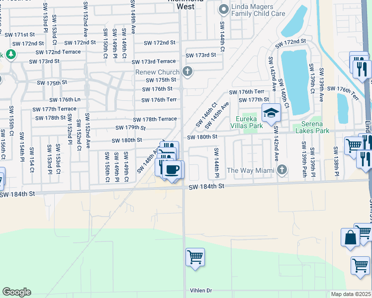 map of restaurants, bars, coffee shops, grocery stores, and more near 18052 Southwest 146th Court in Miami