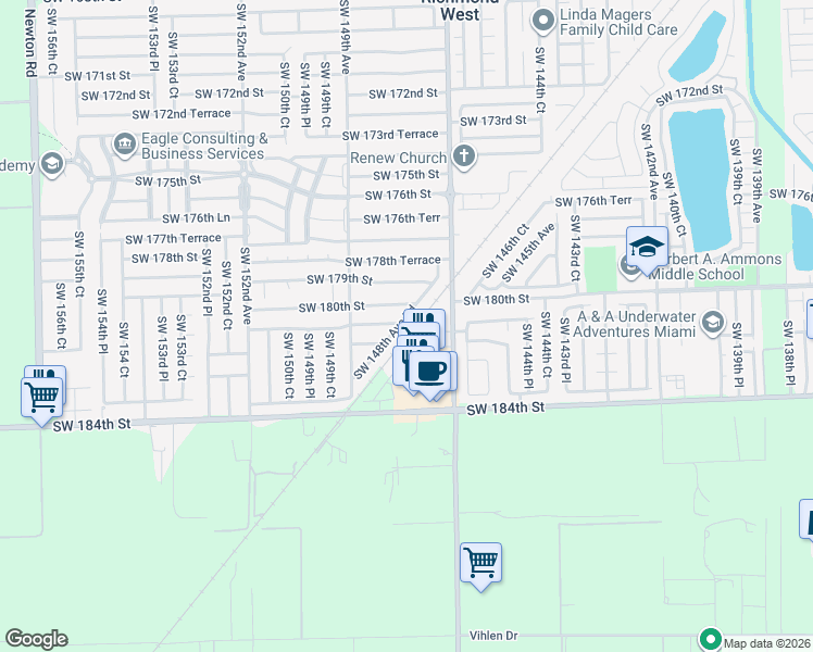 map of restaurants, bars, coffee shops, grocery stores, and more near 18041 Southwest 148th Avenue Road in Miami