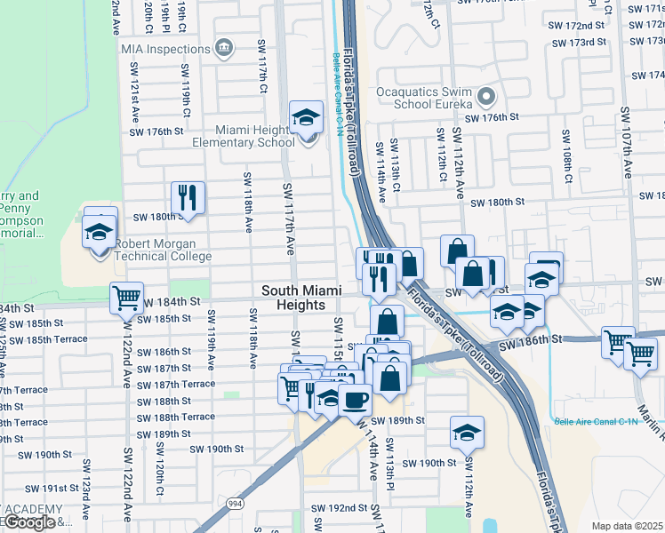 map of restaurants, bars, coffee shops, grocery stores, and more near 11500 Southwest 182nd Terrace in Miami