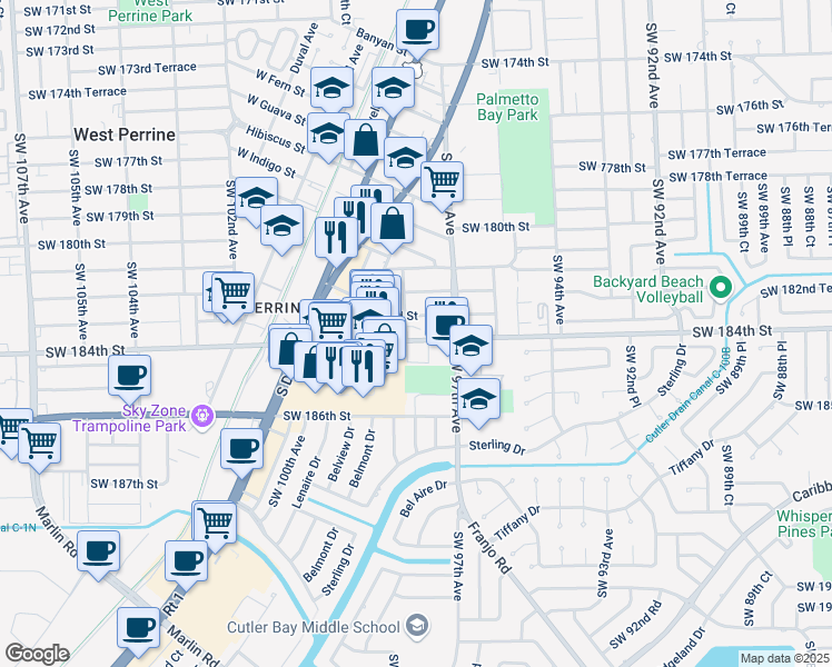 map of restaurants, bars, coffee shops, grocery stores, and more near 9745 Southwest 184th Street in Palmetto Bay