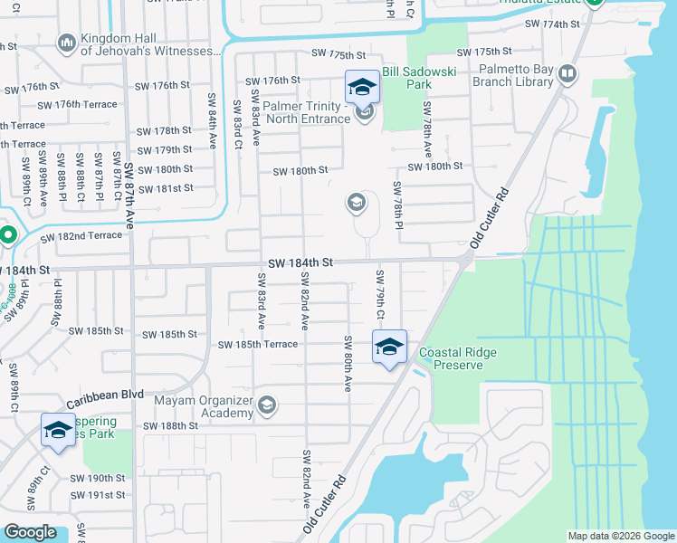 map of restaurants, bars, coffee shops, grocery stores, and more near 8000 Southwest 184th Street in Miami