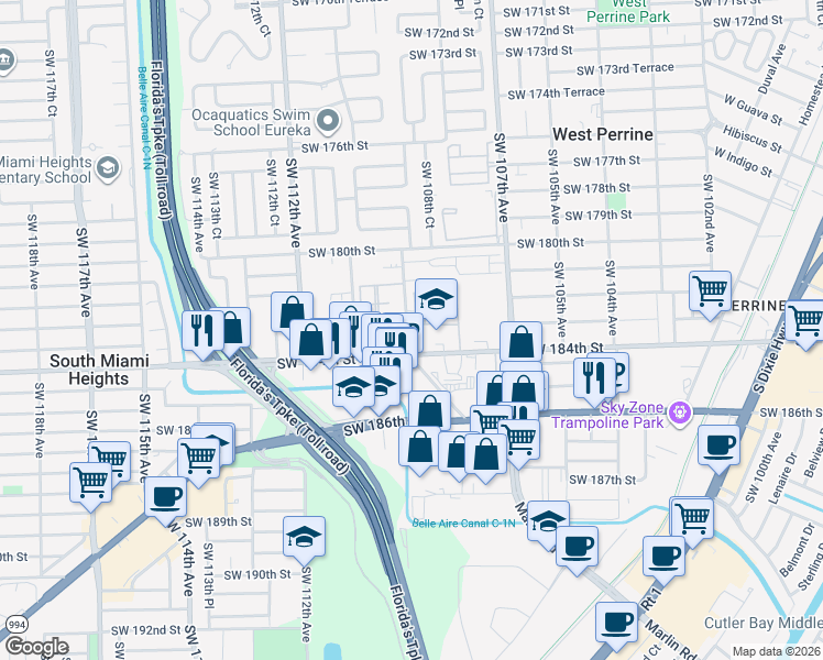 map of restaurants, bars, coffee shops, grocery stores, and more near 18282 Southwest 108th Path in Miami