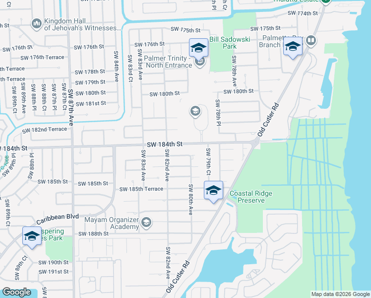 map of restaurants, bars, coffee shops, grocery stores, and more near 8000 Southwest 184th Street in Miami