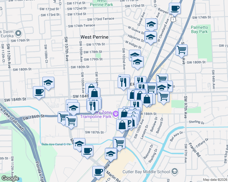 map of restaurants, bars, coffee shops, grocery stores, and more near in West Perrine