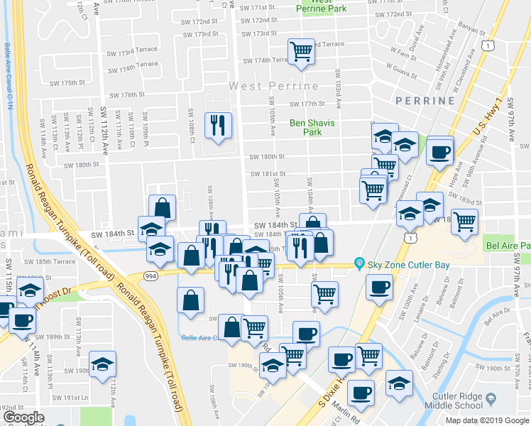 map of restaurants, bars, coffee shops, grocery stores, and more near 10620 Southwest 183rd Street in Miami