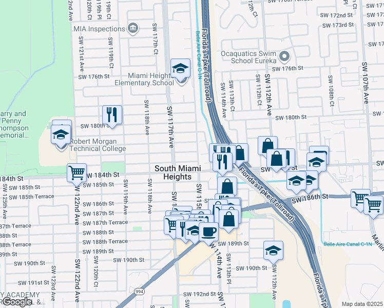 map of restaurants, bars, coffee shops, grocery stores, and more near 11500 Southwest 182nd Terrace in Miami