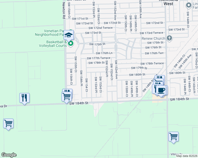 map of restaurants, bars, coffee shops, grocery stores, and more near 18030 Southwest 153rd Court in Miami