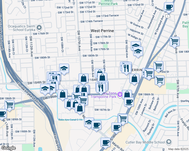 map of restaurants, bars, coffee shops, grocery stores, and more near 10460 Southwest 183rd Street in Miami