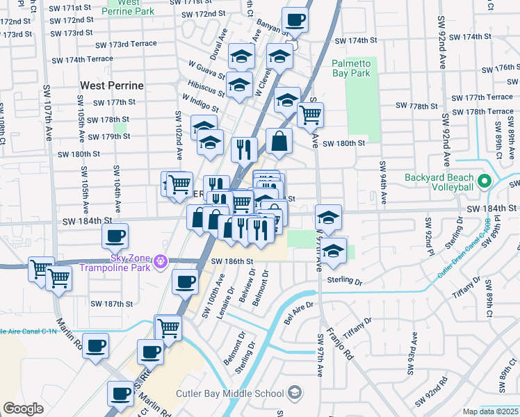 map of restaurants, bars, coffee shops, grocery stores, and more near 9871 Southwest 184th Street in Palmetto Bay