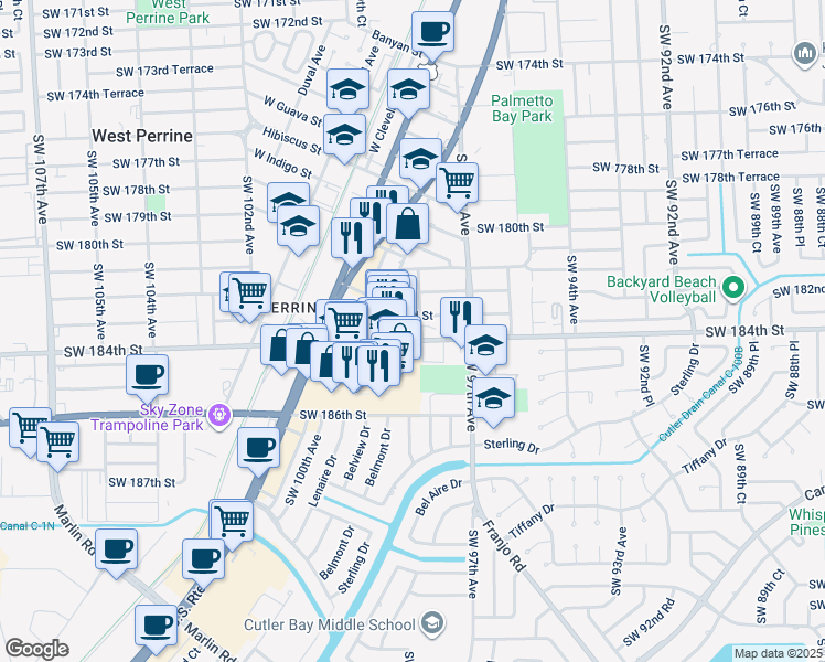 map of restaurants, bars, coffee shops, grocery stores, and more near 18320 Southwest 98th Avenue in Palmetto Bay