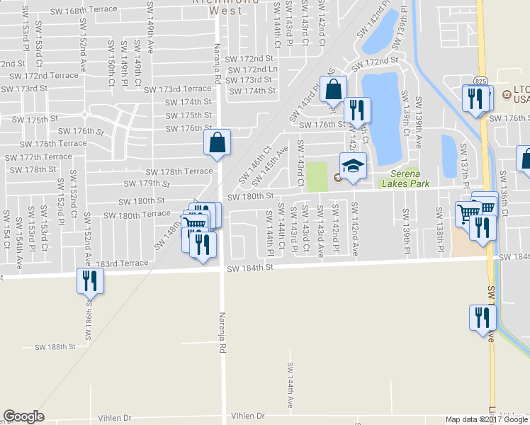 map of restaurants, bars, coffee shops, grocery stores, and more near 18034 Southwest 144th Place in Miami