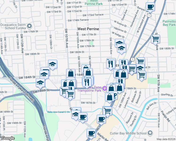 map of restaurants, bars, coffee shops, grocery stores, and more near 10412 Southwest 183rd Street in Miami