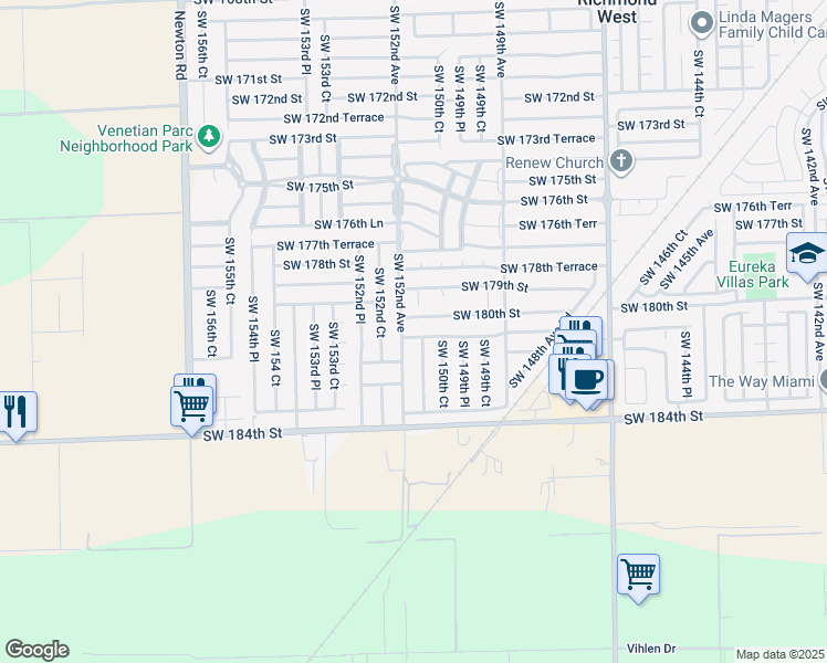 map of restaurants, bars, coffee shops, grocery stores, and more near 15121 Southwest 180th Terrace in Miami
