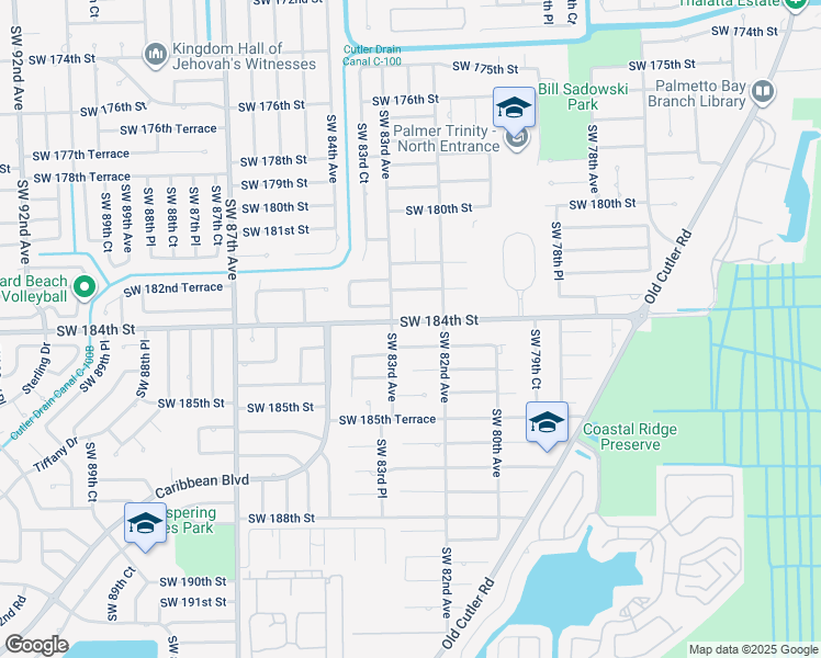 map of restaurants, bars, coffee shops, grocery stores, and more near 8260 Southwest 184th Street in Cutler Bay