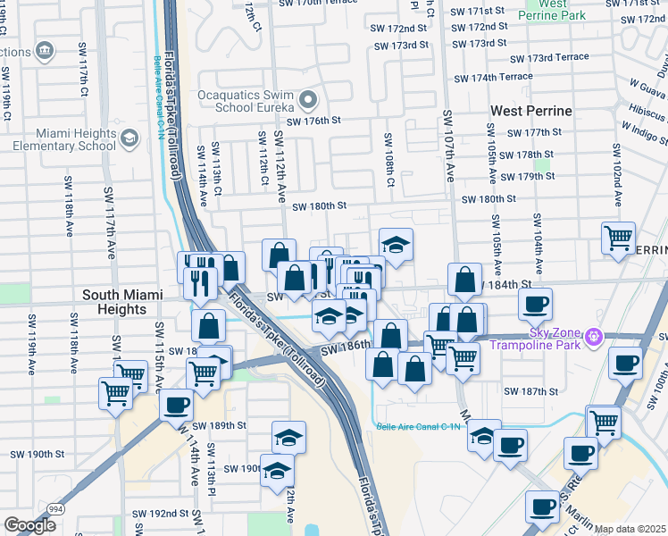 map of restaurants, bars, coffee shops, grocery stores, and more near 10960 Southwest 182nd Lane in Miami