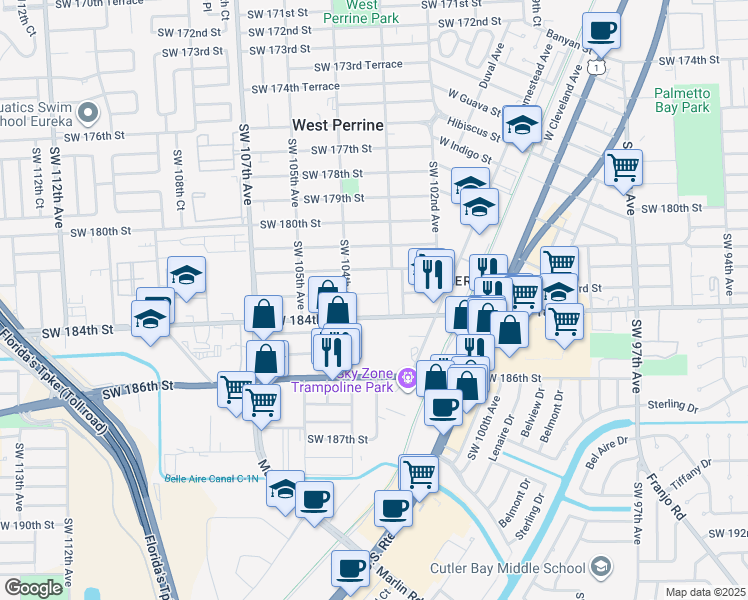 map of restaurants, bars, coffee shops, grocery stores, and more near 10320 SW 183rd St in Miami