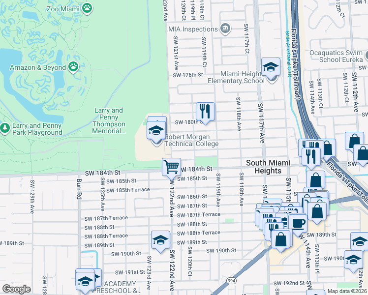 map of restaurants, bars, coffee shops, grocery stores, and more near 12045 SW 182nd Terrace in Miami