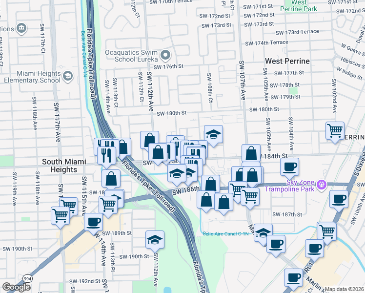 map of restaurants, bars, coffee shops, grocery stores, and more near 10960 Southwest 182nd Lane in Miami