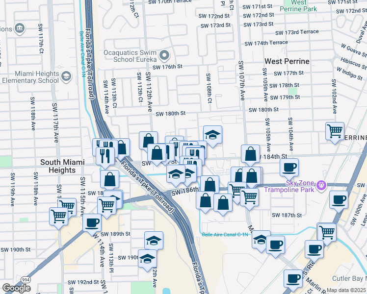 map of restaurants, bars, coffee shops, grocery stores, and more near 10960 Southwest 182nd Lane in Miami