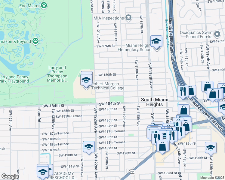 map of restaurants, bars, coffee shops, grocery stores, and more near 11975 Southwest 182nd Terrace in Miami