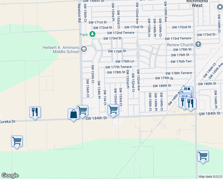 map of restaurants, bars, coffee shops, grocery stores, and more near 18023 Southwest 154th Avenue in Miami
