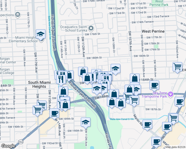 map of restaurants, bars, coffee shops, grocery stores, and more near 18240 Southwest 110th Avenue in Miami