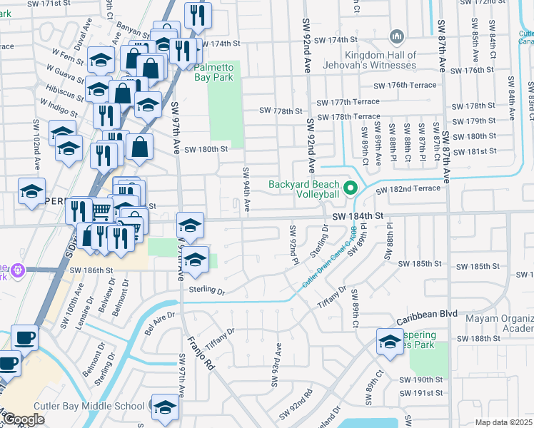map of restaurants, bars, coffee shops, grocery stores, and more near 9340 Southwest 183rd Terrace in Palmetto Bay