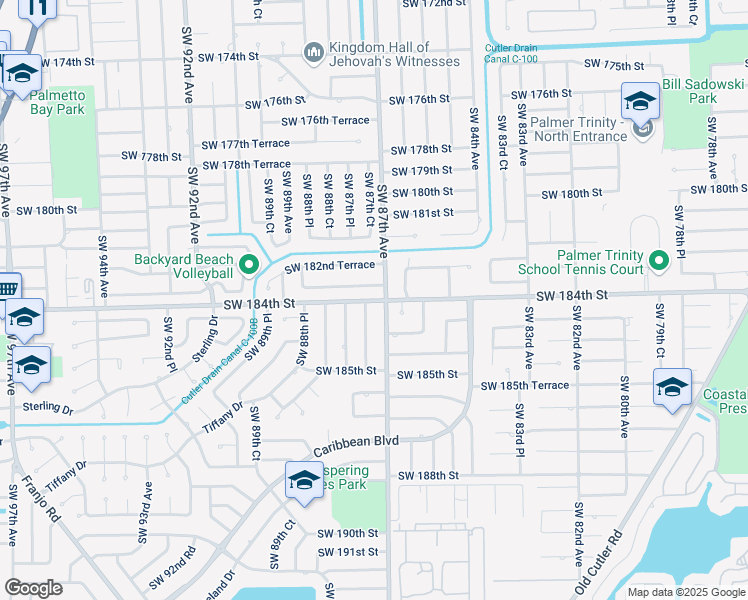 map of restaurants, bars, coffee shops, grocery stores, and more near Southwest 184th Street in Palmetto Bay