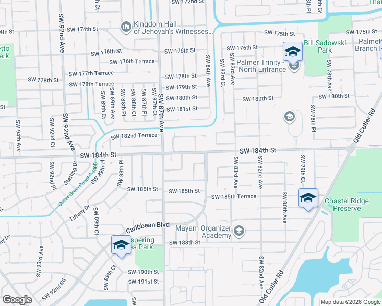 map of restaurants, bars, coffee shops, grocery stores, and more near 8445 Southwest 184th Lane in Cutler Bay