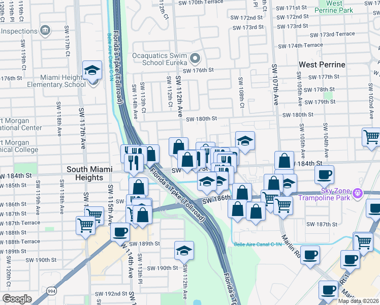 map of restaurants, bars, coffee shops, grocery stores, and more near 18240 Southwest 110th Avenue in Miami