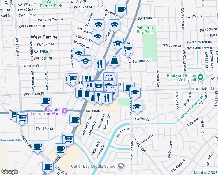 map of restaurants, bars, coffee shops, grocery stores, and more near 9871 Southwest 184th Street in Palmetto Bay