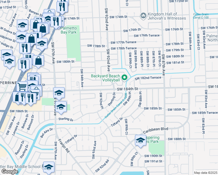 map of restaurants, bars, coffee shops, grocery stores, and more near 9220 Southwest 183rd Terrace in Palmetto Bay
