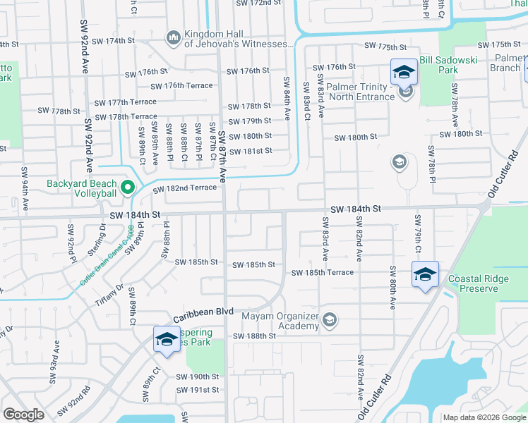 map of restaurants, bars, coffee shops, grocery stores, and more near 8445 Southwest 184th Lane in Cutler Bay