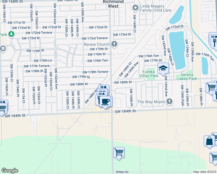 map of restaurants, bars, coffee shops, grocery stores, and more near 18052 Southwest 146th Court in Miami
