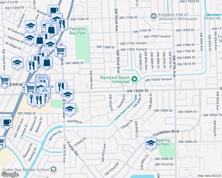 map of restaurants, bars, coffee shops, grocery stores, and more near 9280 Southwest 183rd Terrace in Palmetto Bay