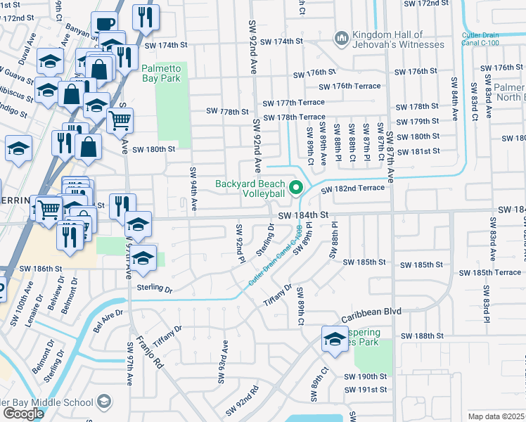 map of restaurants, bars, coffee shops, grocery stores, and more near 9220 Southwest 183rd Terrace in Palmetto Bay