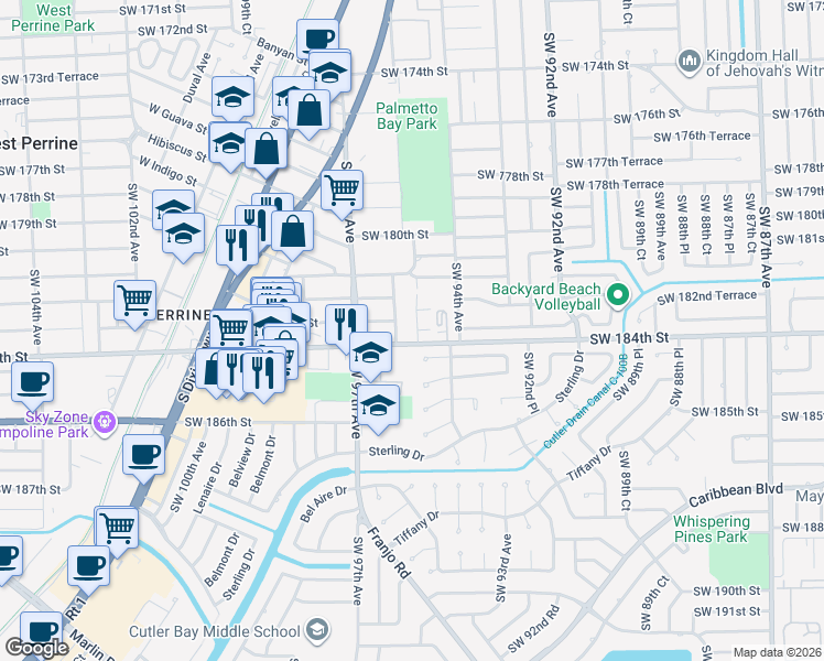 map of restaurants, bars, coffee shops, grocery stores, and more near 18342 Southwest 94th Court in Palmetto Bay